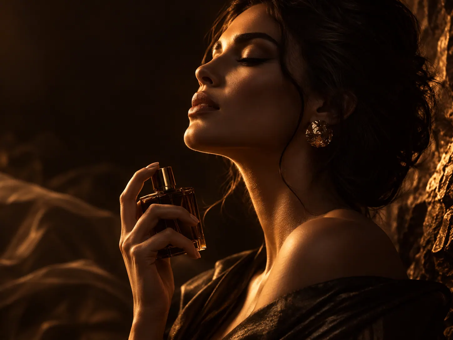 Femme découvrant un parfum dans une lumière ambrée